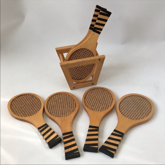 Vintage cork wood coasters mini tennis rackets